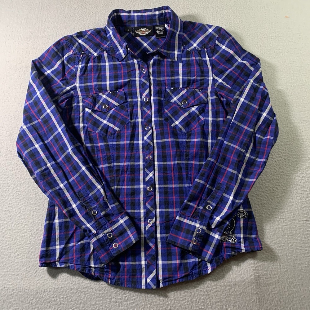 Harley-Davidson Women Plaid Shirt Small Blue 100% Cotton Biker Embroidered Logo
